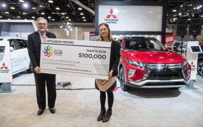 Tony Laframboise, president and CEO, Mitsubishi Motor Sales of Canada presents a $100,000 donation to Breakfast Club of Canada